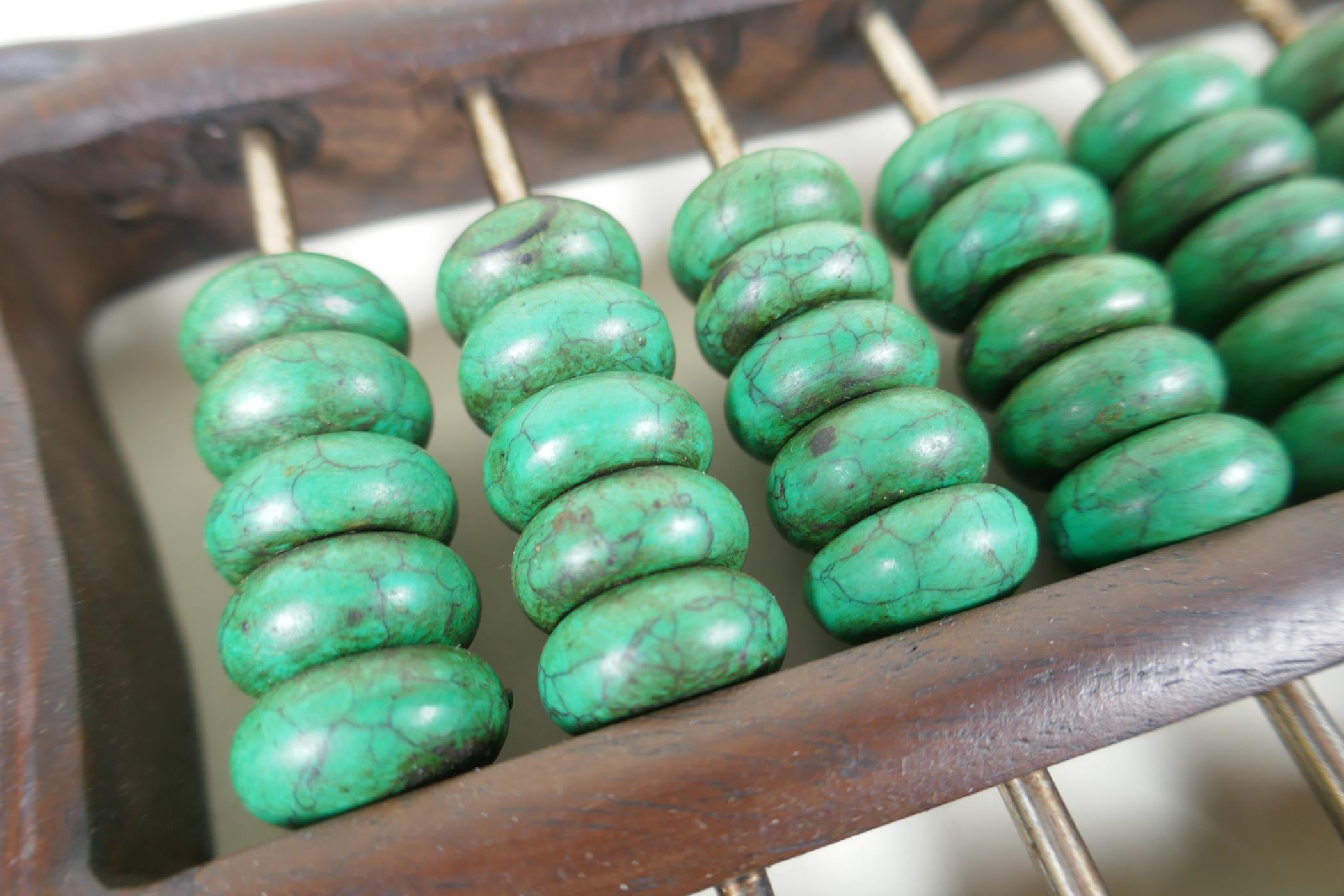 A Chinese hardwood abacus with turquoise beads, 41 x 14cm - Image 3 of 6