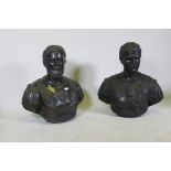 A pair of Grand Tour style bronze busts of Roman generals, 70cm high