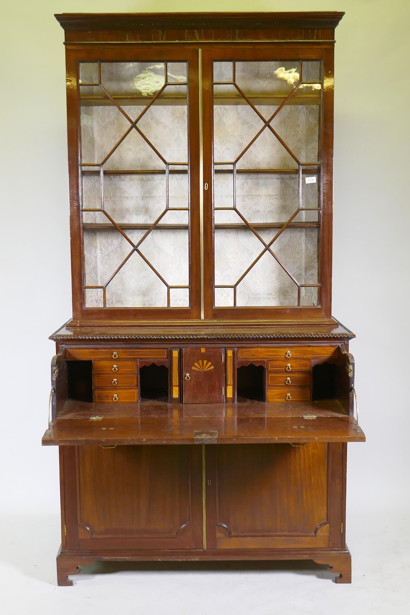 A George III mahogany secretaire bookcase, frieze top and dentil cornice over two astragal glazed - Image 2 of 4