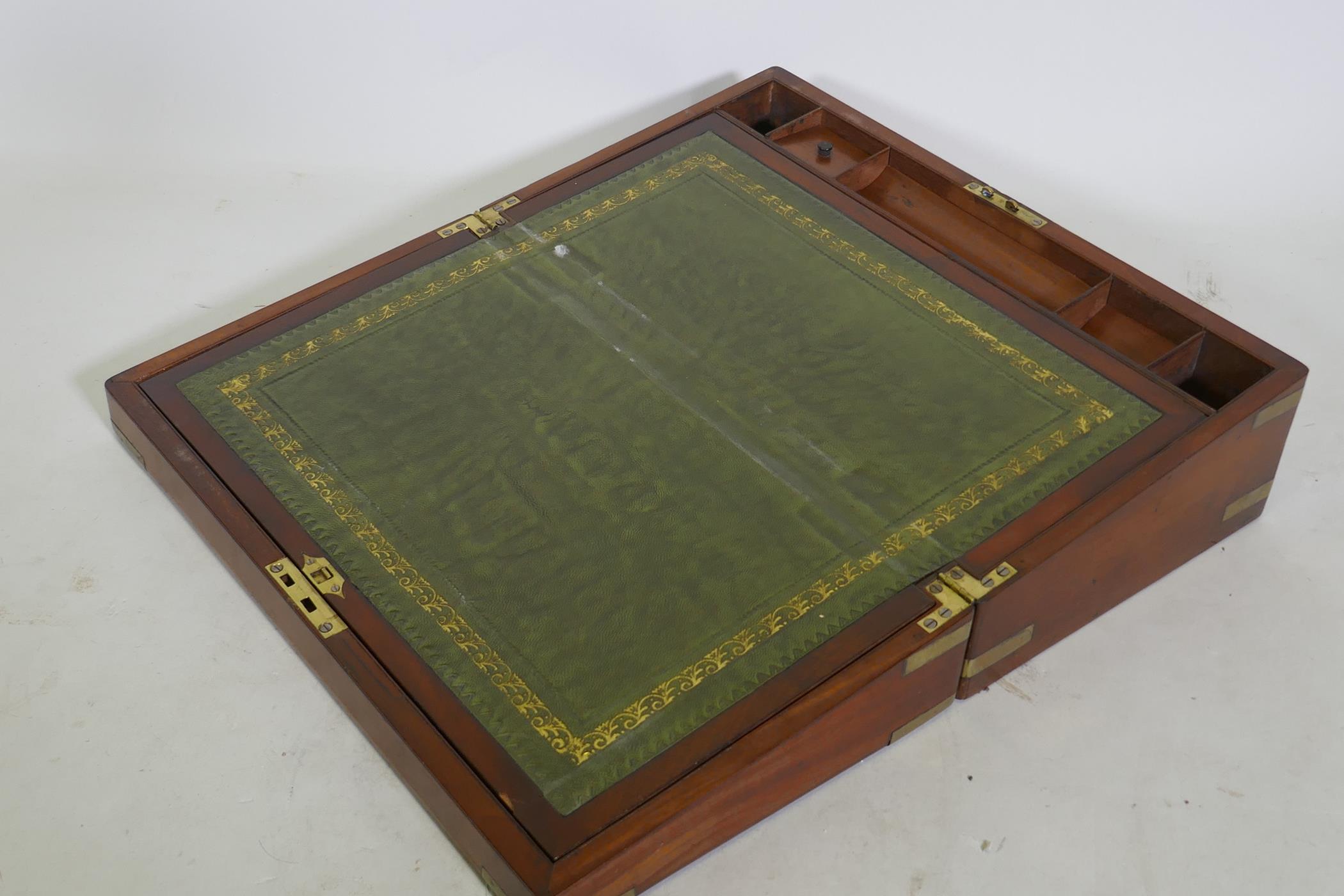 A C19th mahogany writing slope with brass campaign style mounts and inset leather slope, 46 x 26 x - Image 2 of 2