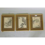 After Kono Barei, three Japanese woodcut prints, wild birds, from the set of One Hundred birds, 15 x