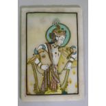An Indian painting of Krishna, bearing a flute and accompanied by two cows, enamels on marble