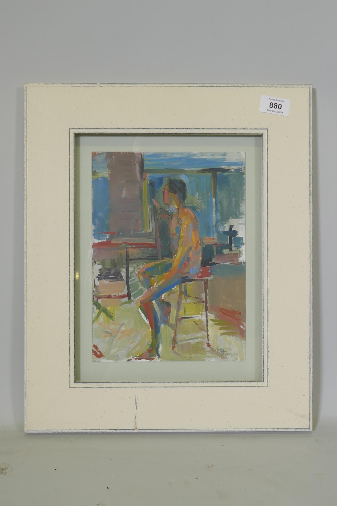 Roger Ferrin, R.O.I., Seated Nude, signed and labelled verso, acrylic on board, 20 x 27cm - Image 2 of 3