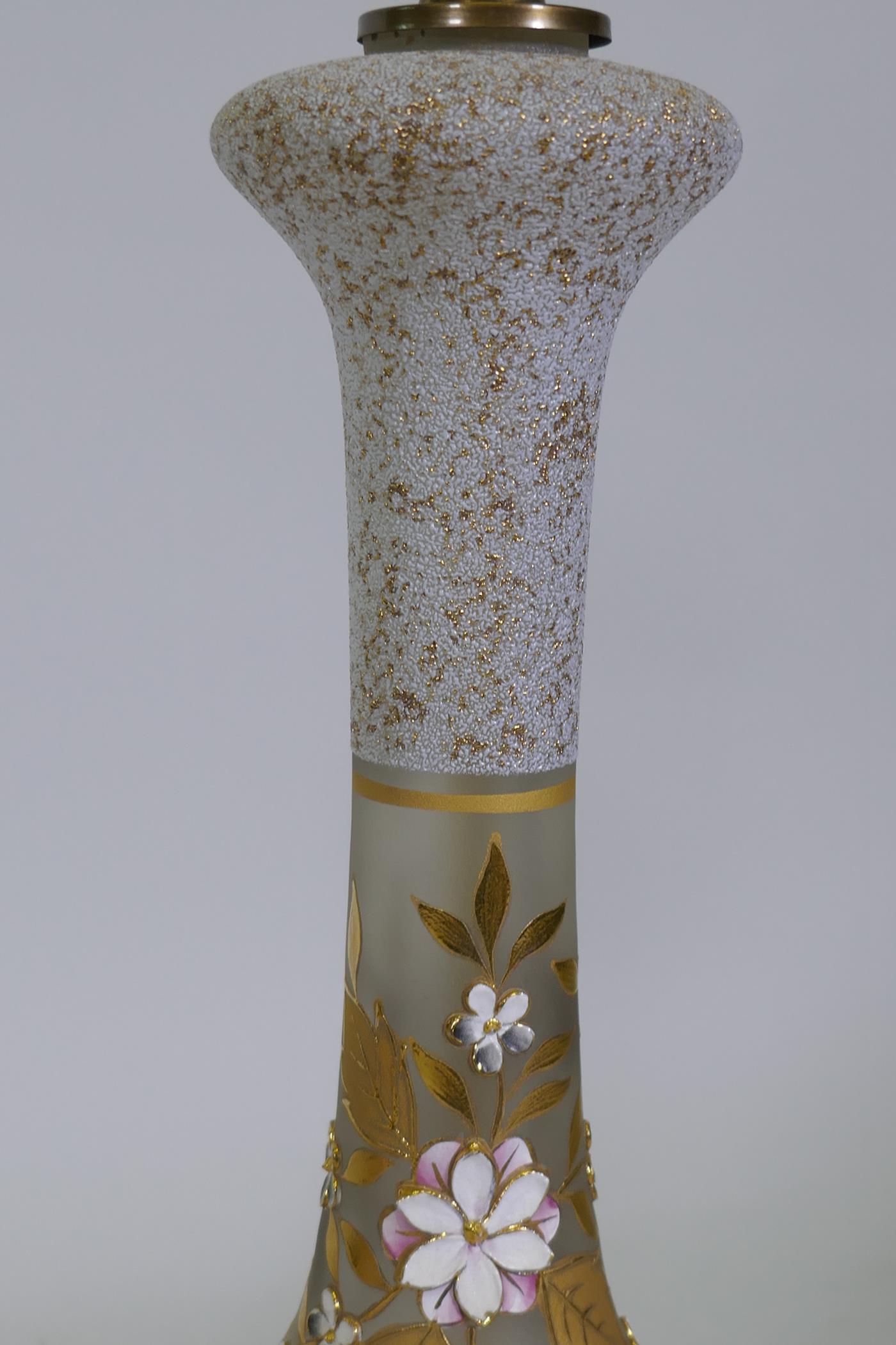 A pair of cut and etched glass table lamps with gilt and enamel decoration, a brass bases, 67cm high - Image 3 of 3