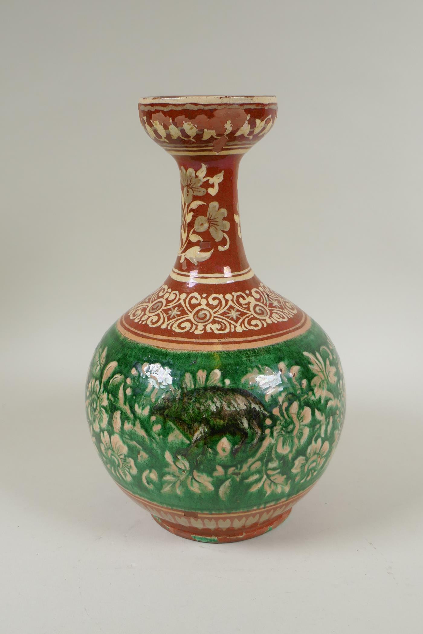 An antique Islamic redware vase decorated with flowers and rodents, chips to glaze, 27cm high - Image 2 of 6