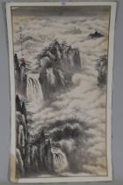 Chinese print on paper laid on card, misty landscape with waterfalls, with inscription and seal