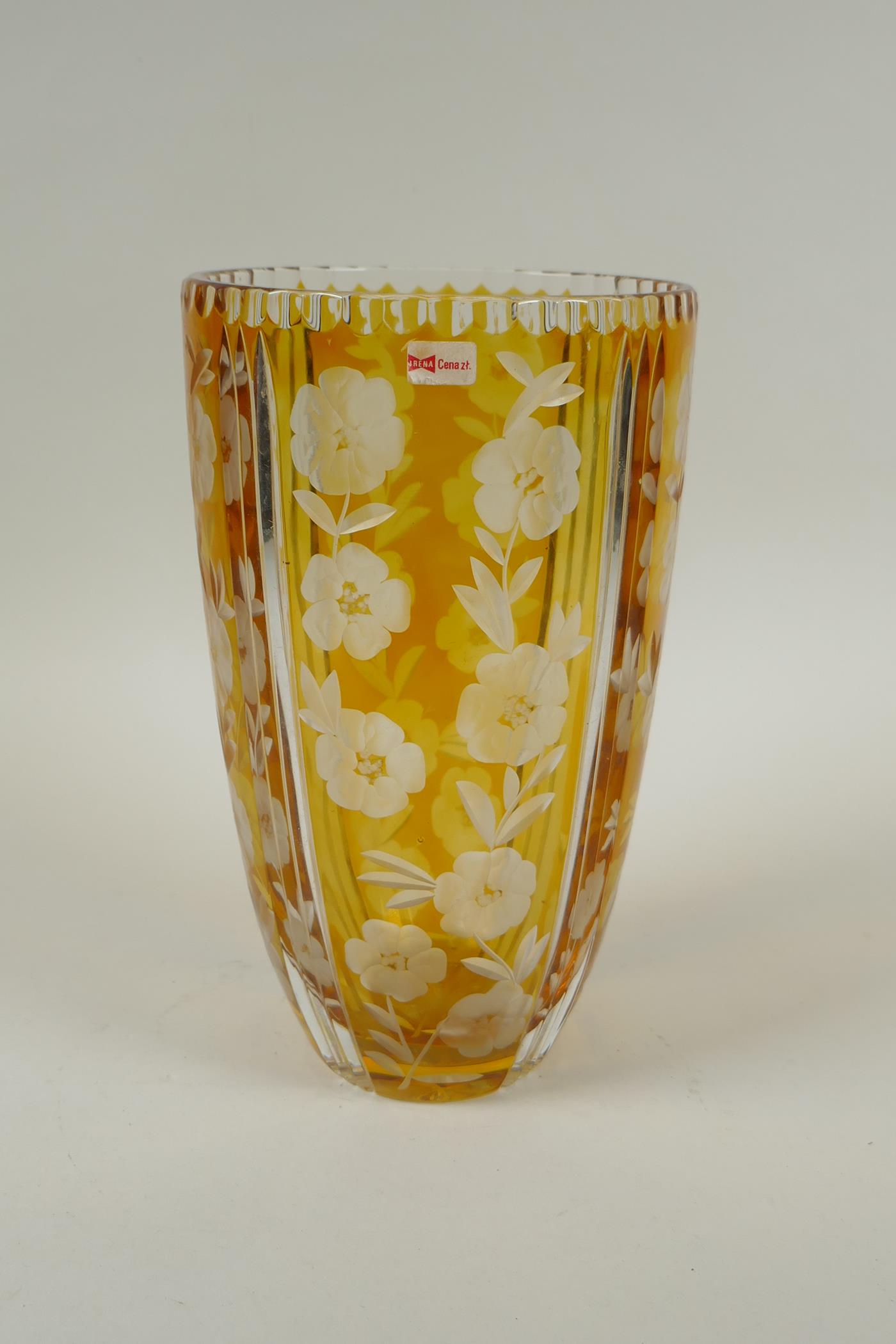 A Bohemian amber cut glass vase with floral decoration, 23cm high - Image 4 of 5
