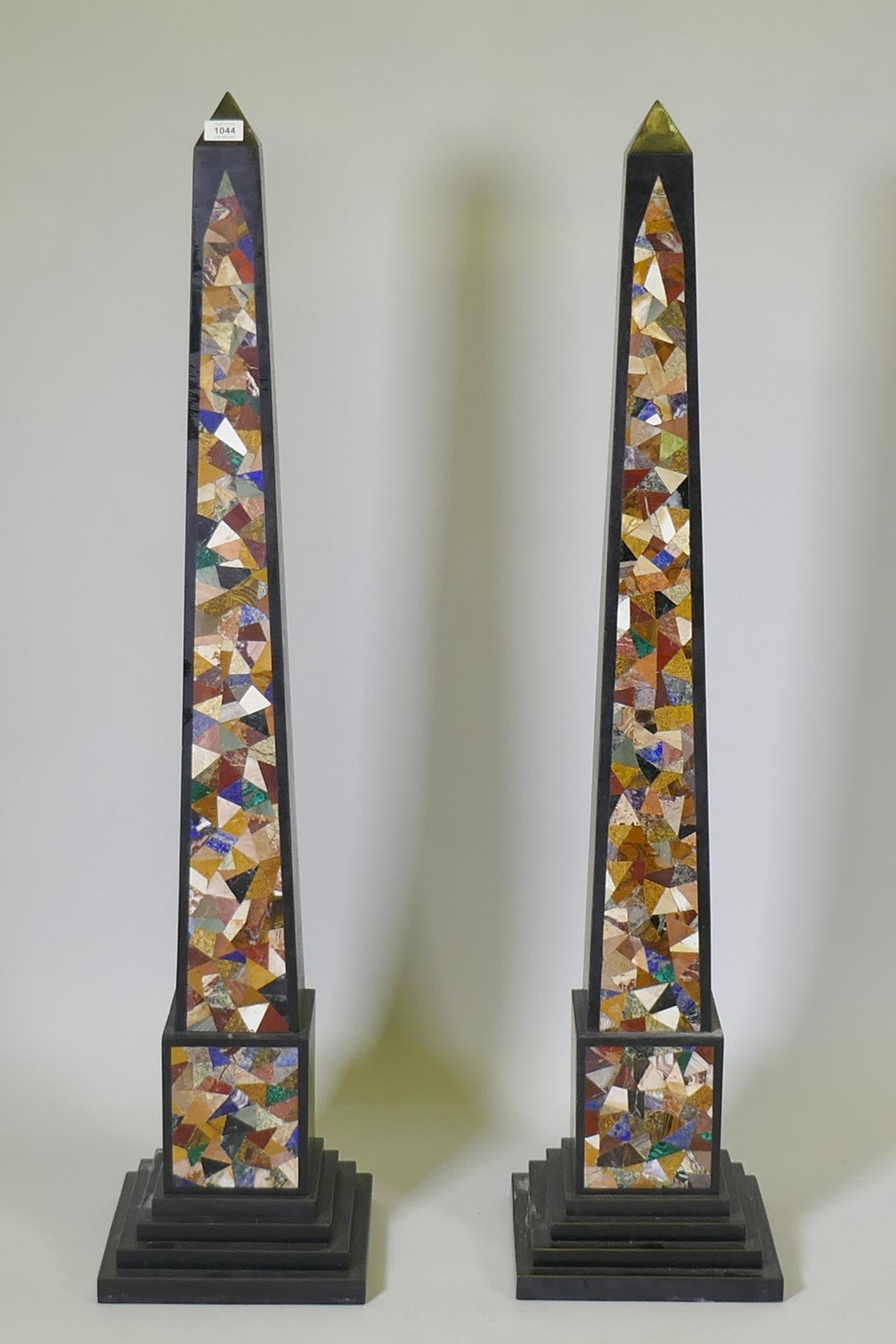 A pair of large obelisks inlaid with specimen marble and stone decoration, 126cm high