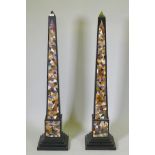 A pair of large obelisks inlaid with specimen marble and stone decoration, 126cm high
