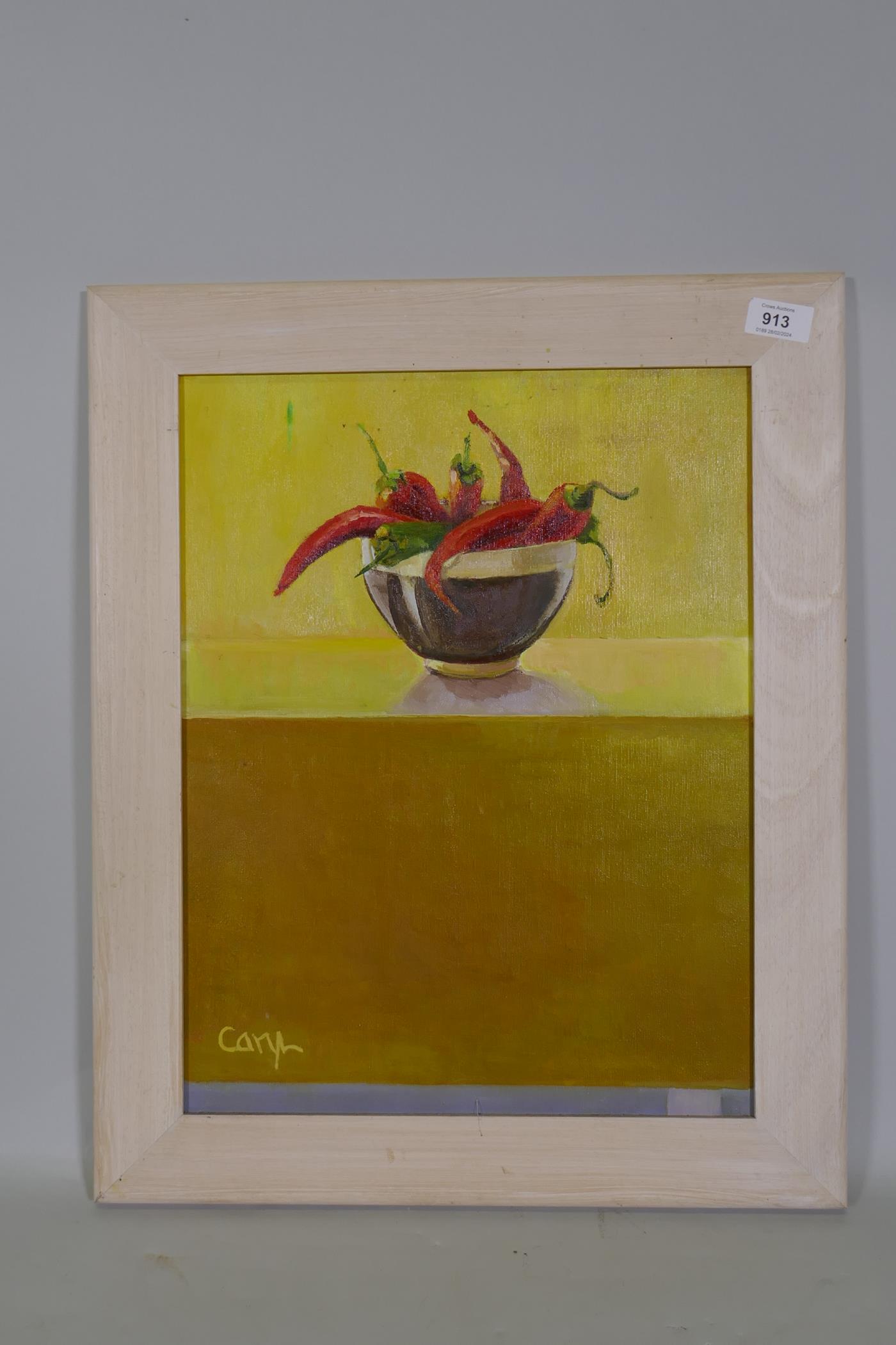 Still life, bowl of chillies, signed Caryl, oil on canvas, 36 x 46cm - Image 2 of 3