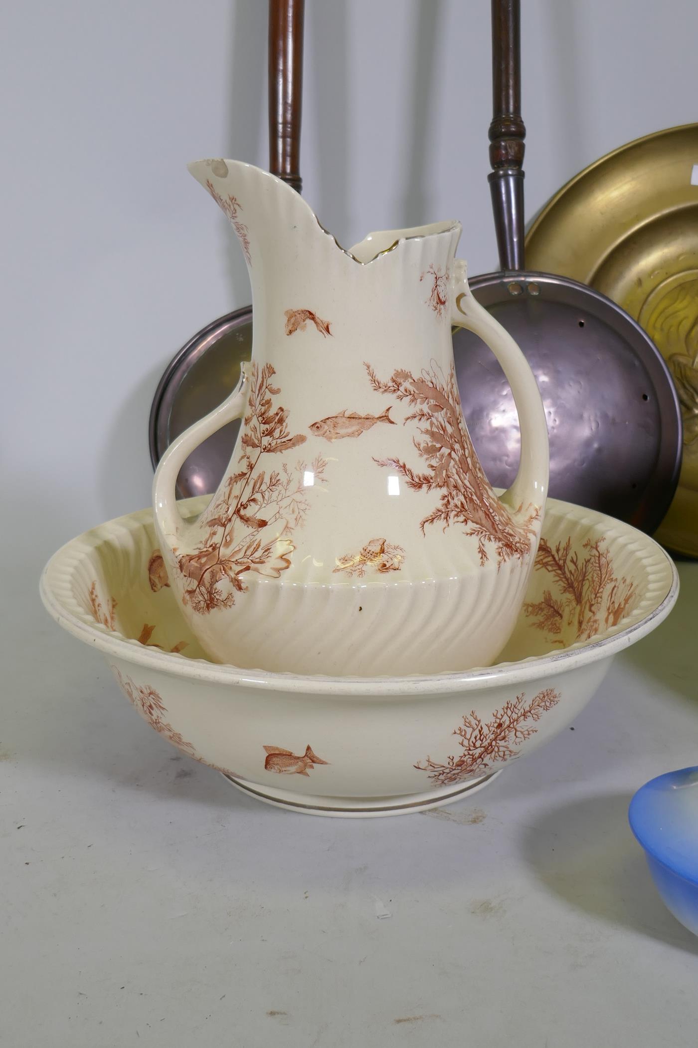 A Victorian Staffordshire jug and bowl with fish and seaweed decoration, and another, two C19th - Image 2 of 5