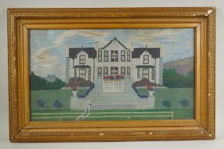 An early C20th naive wool work of a country house and tennis court, 61 x 35cm