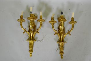 A pair of ormolu Louis XVI style three branch wall sconces, 66cm