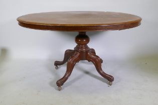 A Victorian mahogany tilt top loo table, raised on a turned column and cabriole supports, 132 x