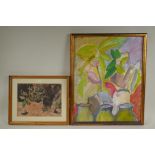 Still life with leaves, signed Forbes, coloured chalk drawing, and another still life with pots, oil