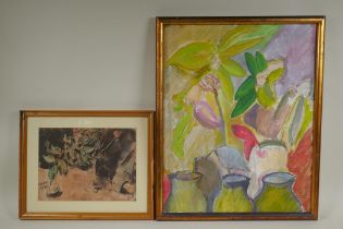 Still life with leaves, signed Forbes, coloured chalk drawing, and another still life with pots, oil