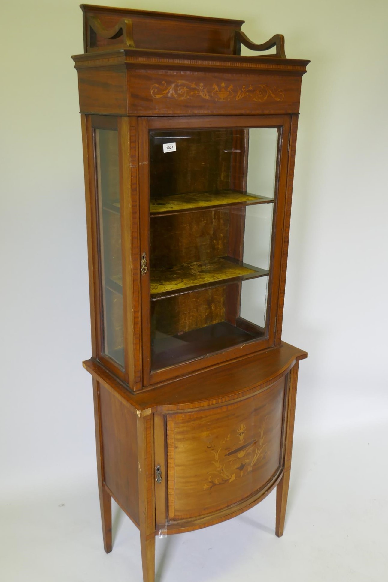 A Victorian inlaid mahogany bow front display cabinet raised on tapering supports, 67 x 45cm, - Image 3 of 3