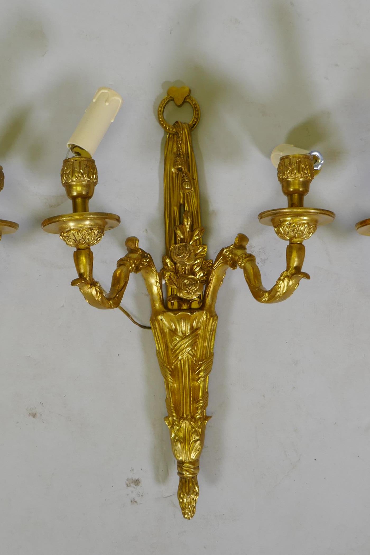 Four ormolu Louis XVI style two branch wall sconces, 44cm high - Image 4 of 5