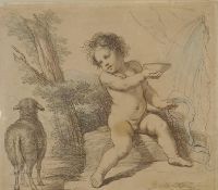 After Guercino, boy with a lamb, coloured engraving, late C19th, 24 x 23cm