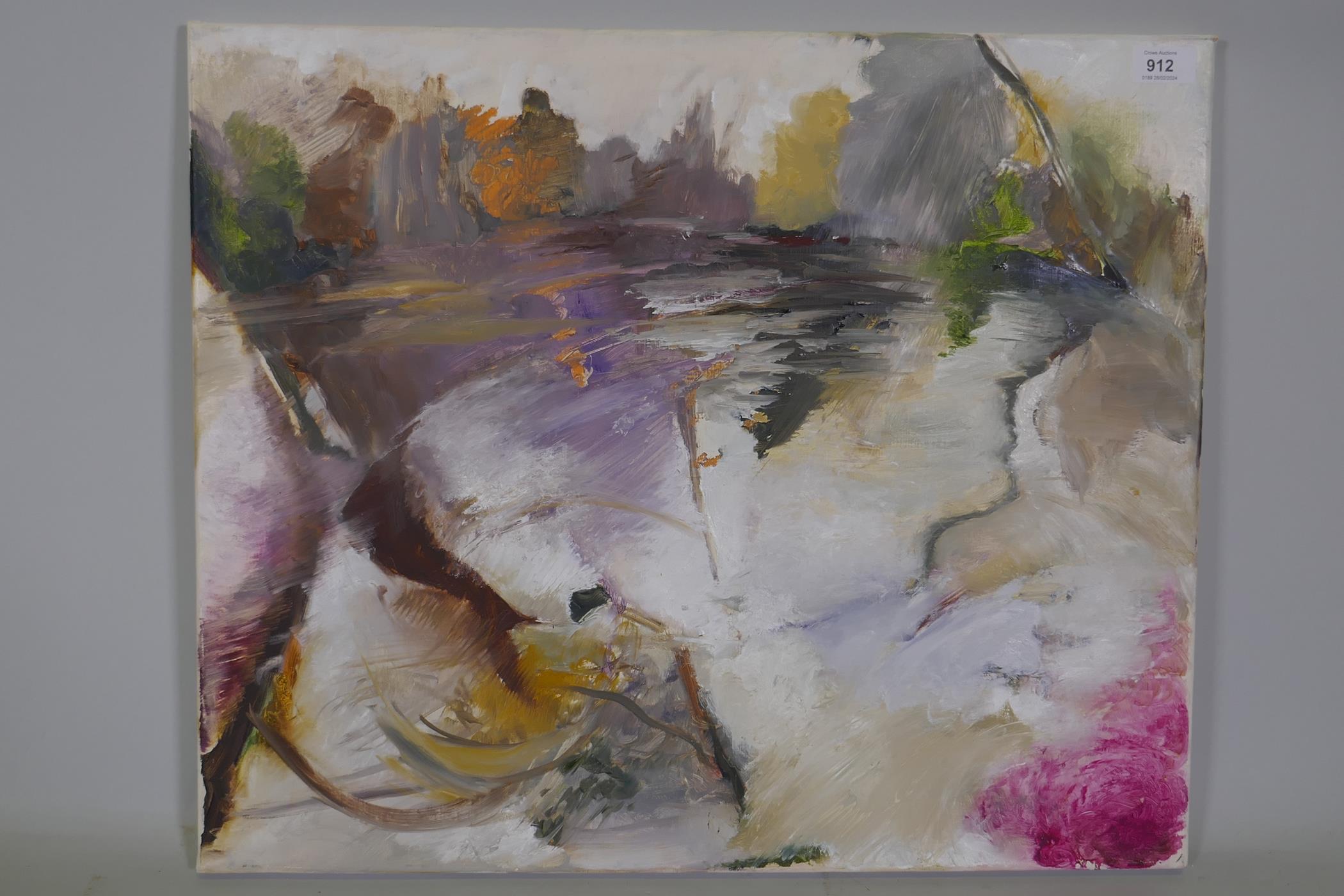 Annabel Kapp, Lake: pink weir 2017, signed verso, oil on canvas, 61 x 51cm - Image 2 of 5