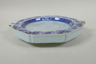 A C19th/early C20th Chinese blue and white porcelain warming dish of octagonal form with floral