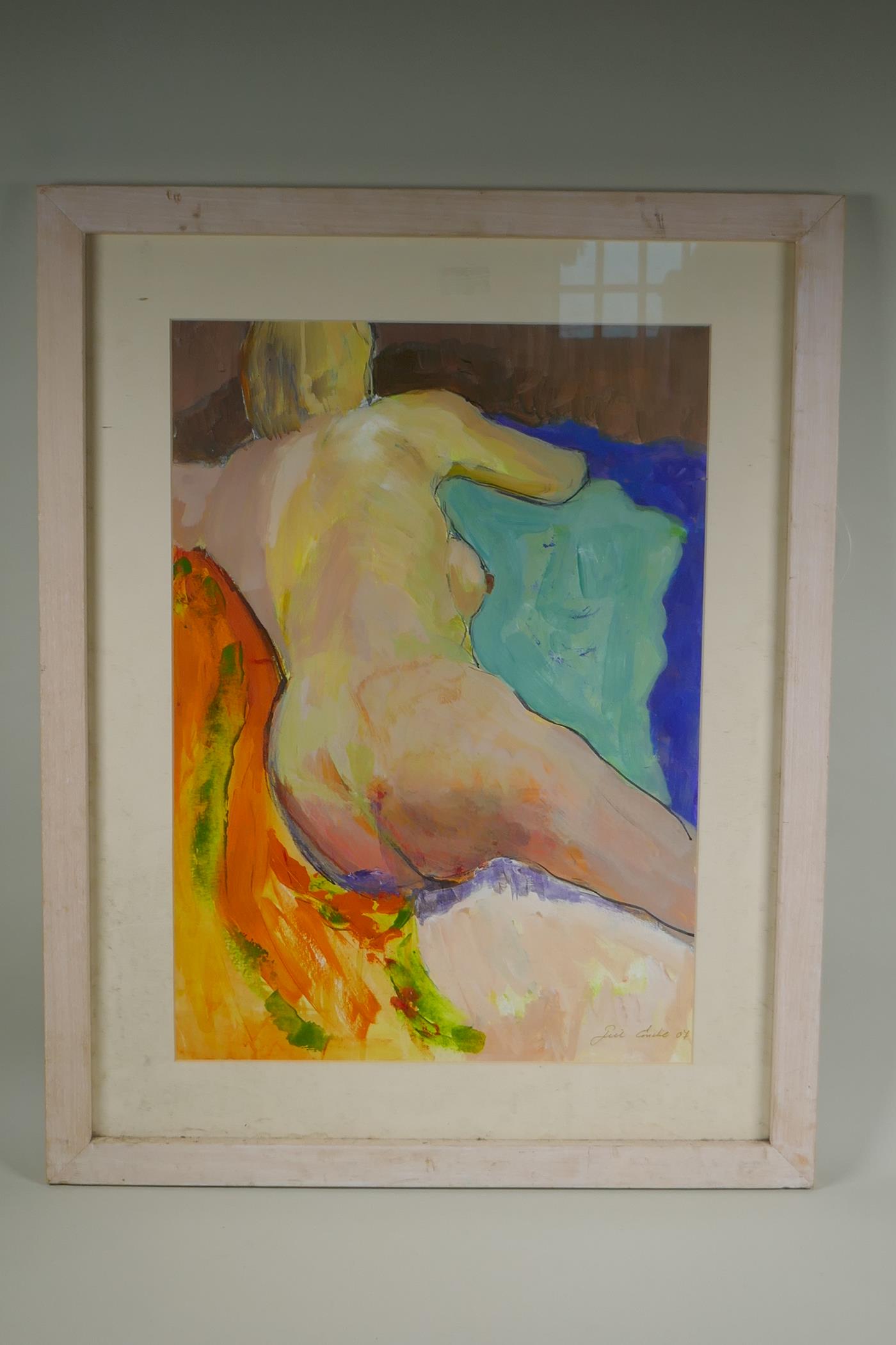 Life study of a female nude, indistinctly signed, watercolour, 41 x 58cm - Image 2 of 3