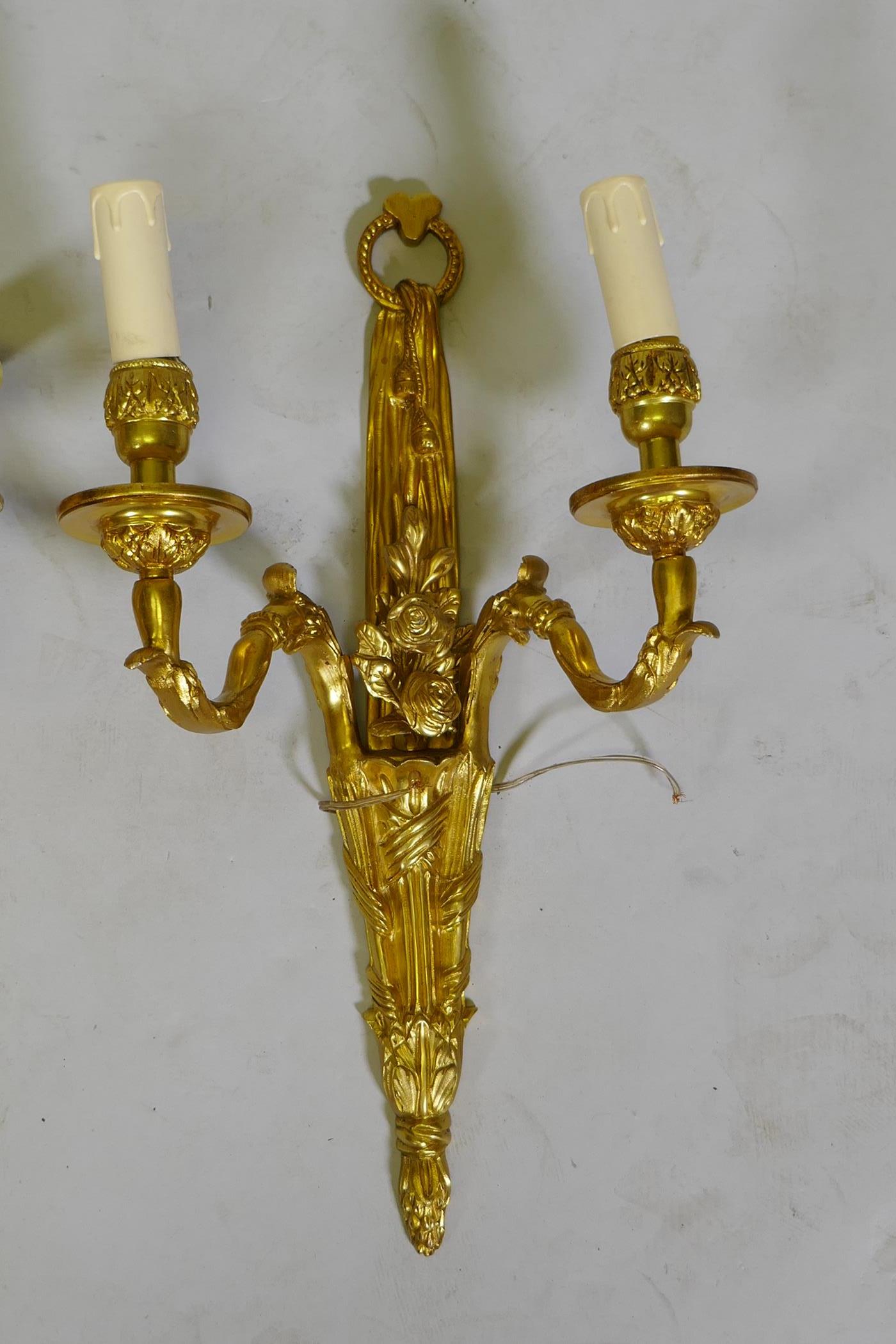 Four ormolu Louis XVI style two branch wall sconces, 44cm high - Image 5 of 5