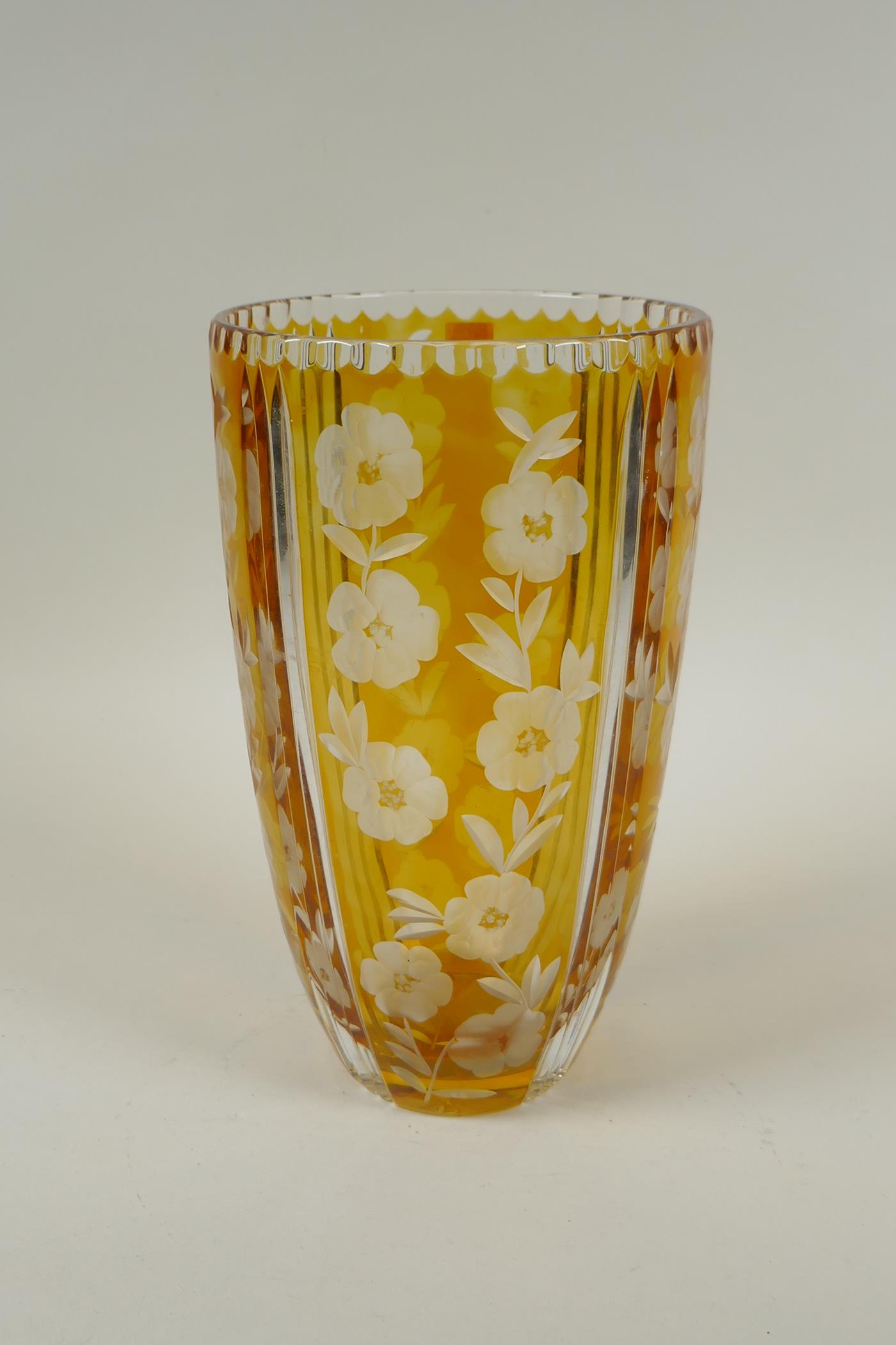 A Bohemian amber cut glass vase with floral decoration, 23cm high - Image 2 of 5