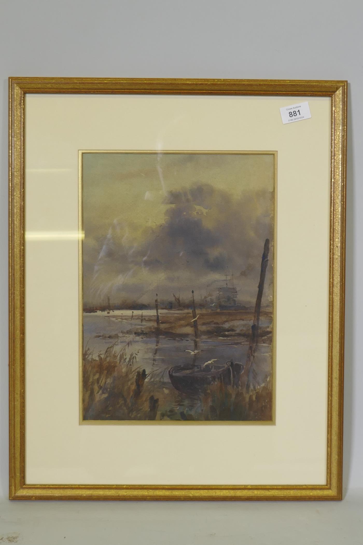 Alswen Montgomerie, port scene with Thames barges and sailing ships, unsigned, labelled verso, - Image 3 of 3