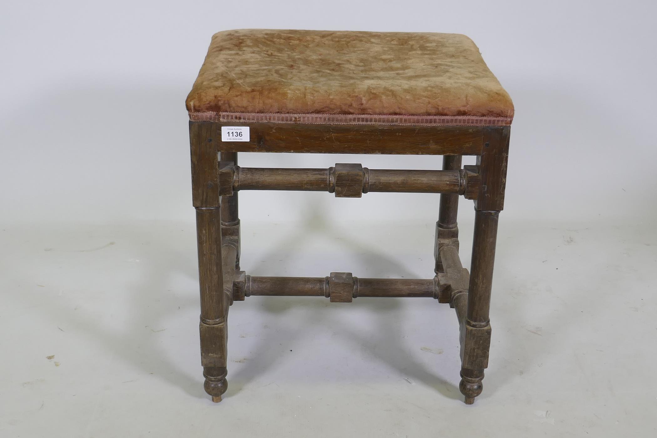 A good quality antique oak stool, raised on turned supports united by stretchers and pegged - Image 2 of 5