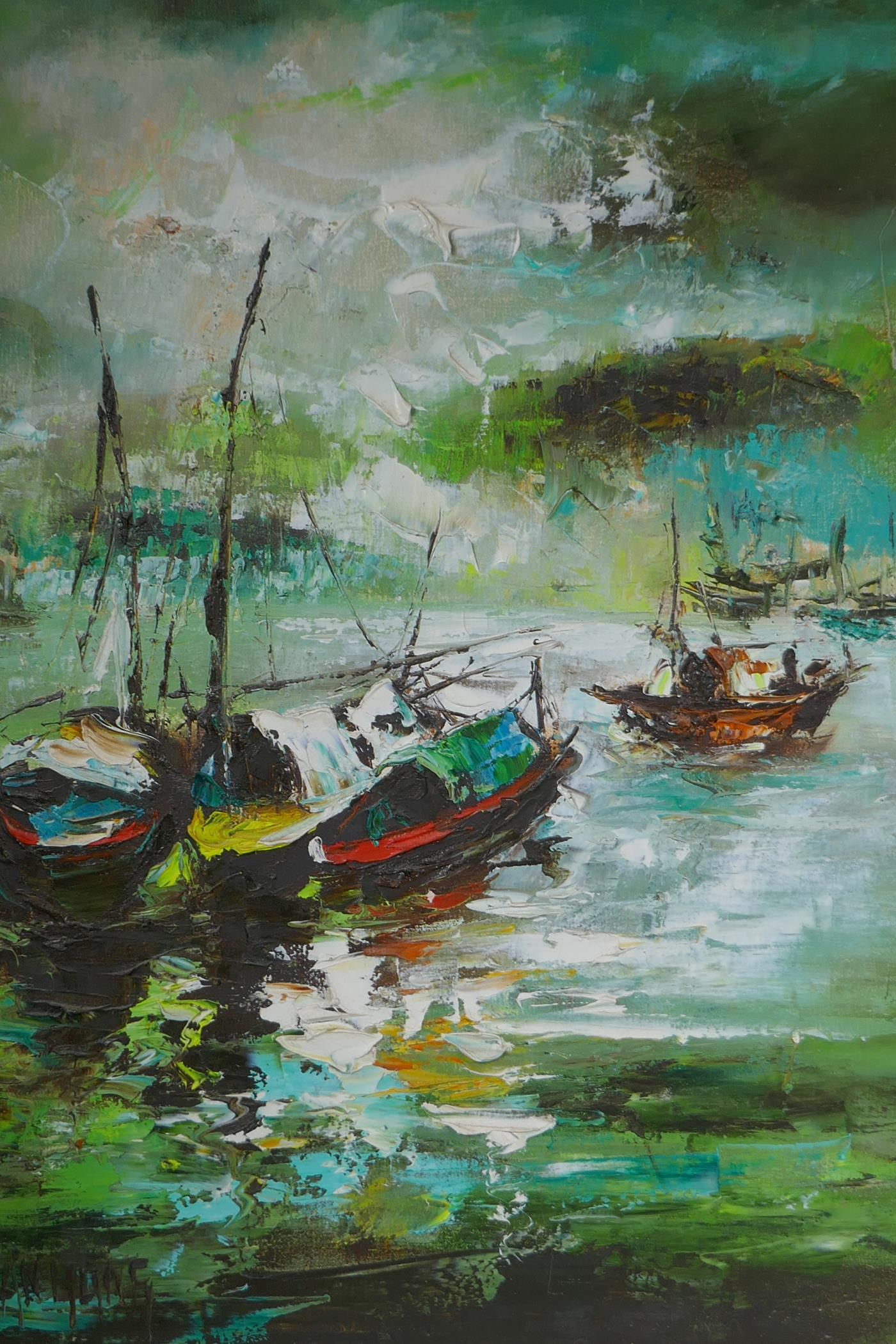 Village in a forest, a Ugandan scene, oil on board, and another of moored boats, oil on canvas, both - Image 4 of 5