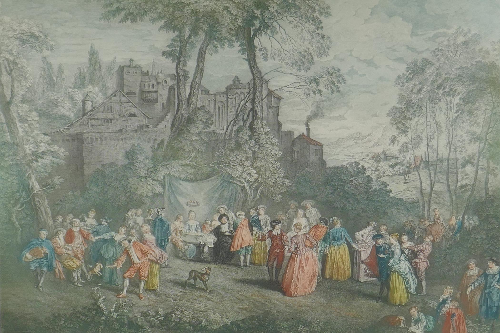 After Jean-Antoine Watteau, (French 1684-1721), The Embarkation for Cythera, C19th colour etching by - Image 5 of 8