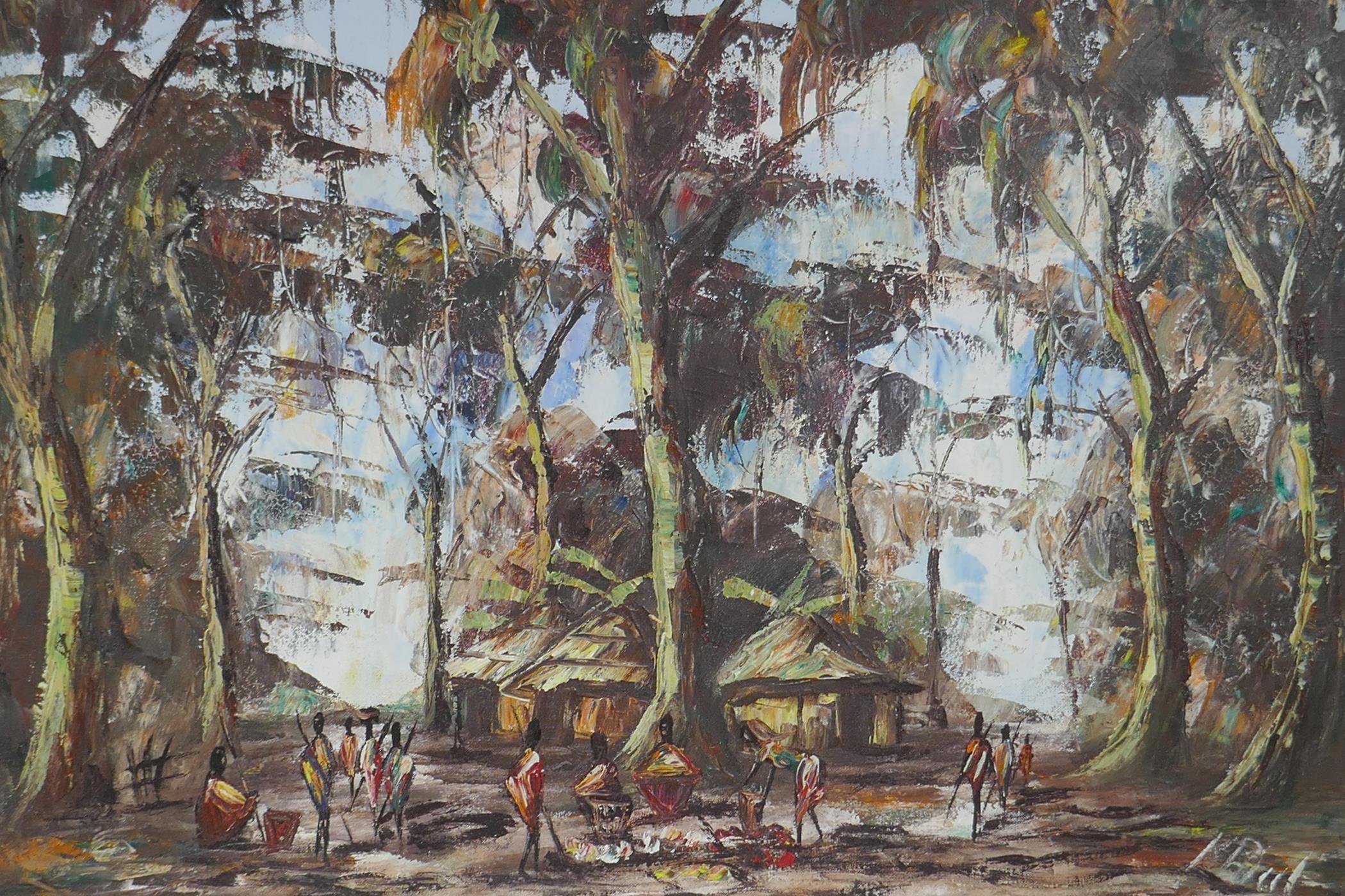 Village in a forest, a Ugandan scene, oil on board, and another of moored boats, oil on canvas, both - Image 2 of 5