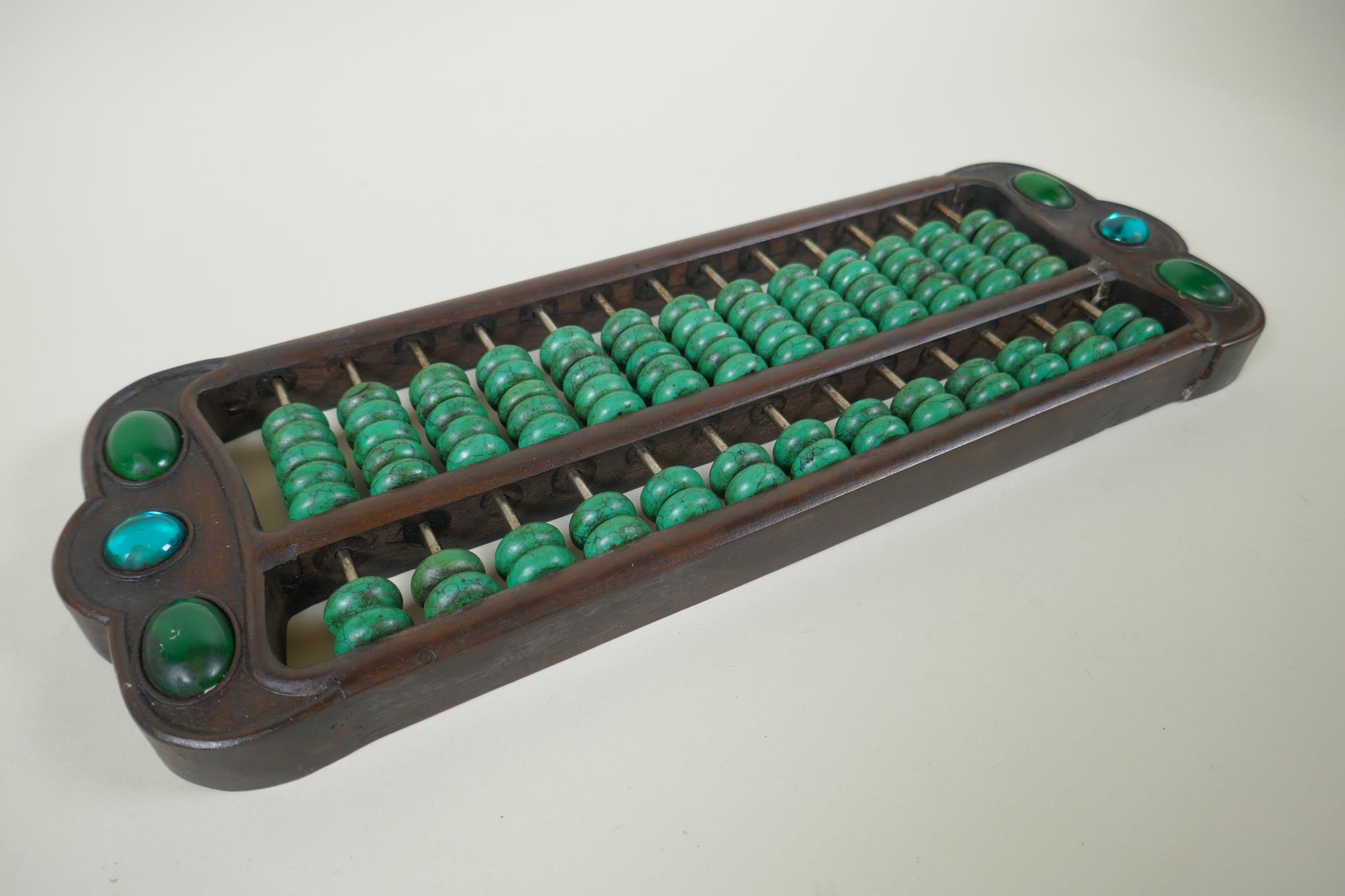 A Chinese hardwood abacus with turquoise beads, 41 x 14cm - Image 2 of 6