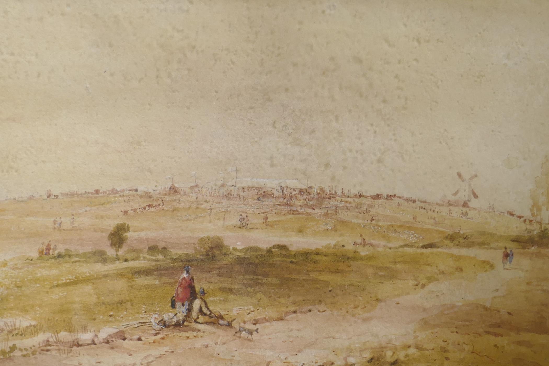 Copley Fielding, landscape with marquees and livestock, signed with a monogram, watercolour, 22 x