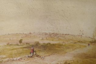 Copley Fielding, landscape with marquees and livestock, signed with a monogram, watercolour, 22 x