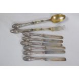 Six French silver butter knives, marked Cosson Corby, and matching salad servers, 474g