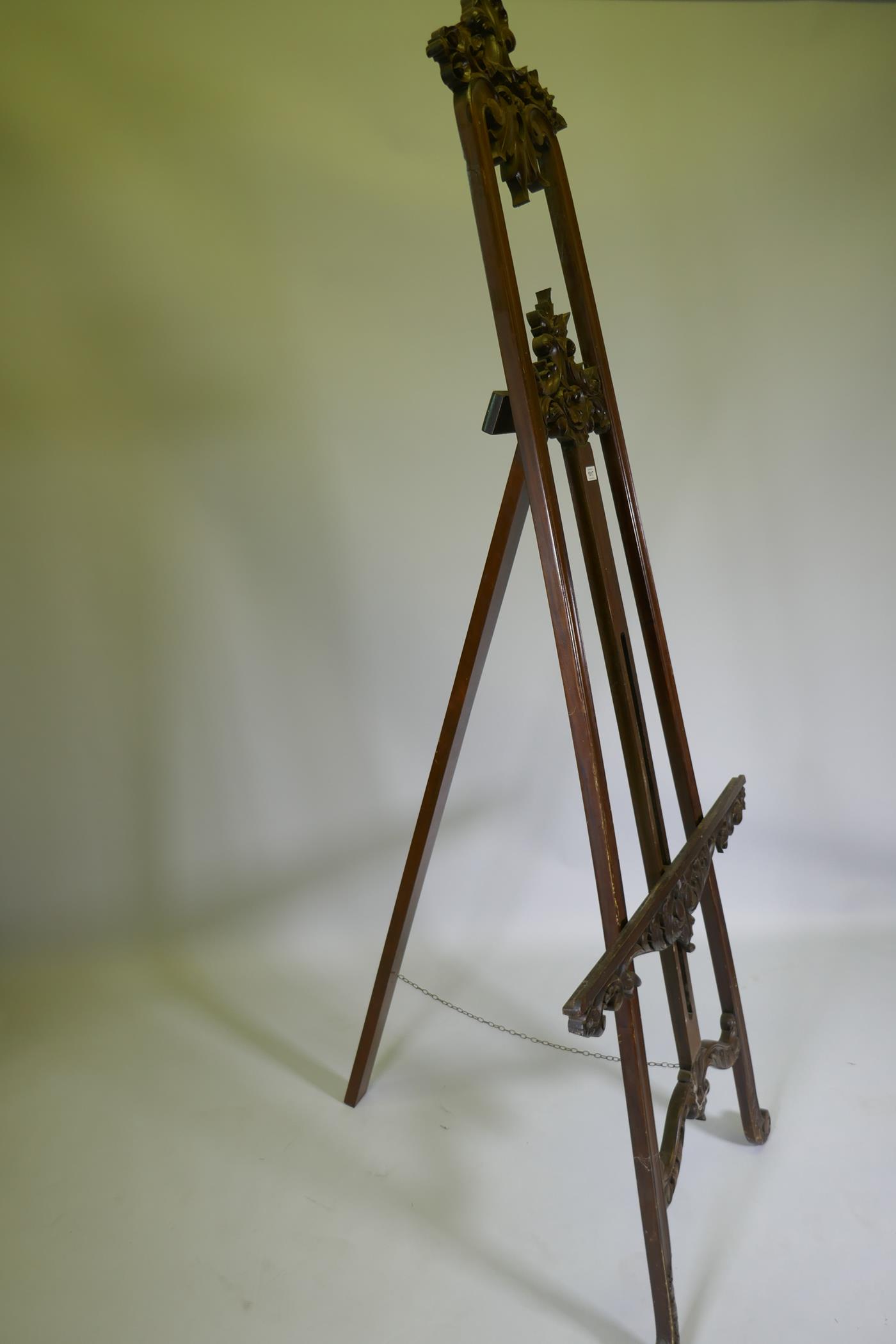 A carved mahogany adjustable easel, 220cm high - Image 3 of 4