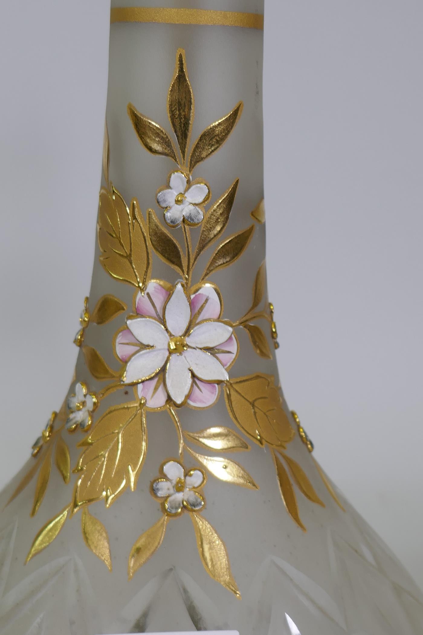 A pair of cut and etched glass table lamps with gilt and enamel decoration, a brass bases, 67cm high - Image 2 of 3