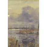 Alswen Montgomerie, port scene with Thames barges and sailing ships, unsigned, labelled verso,