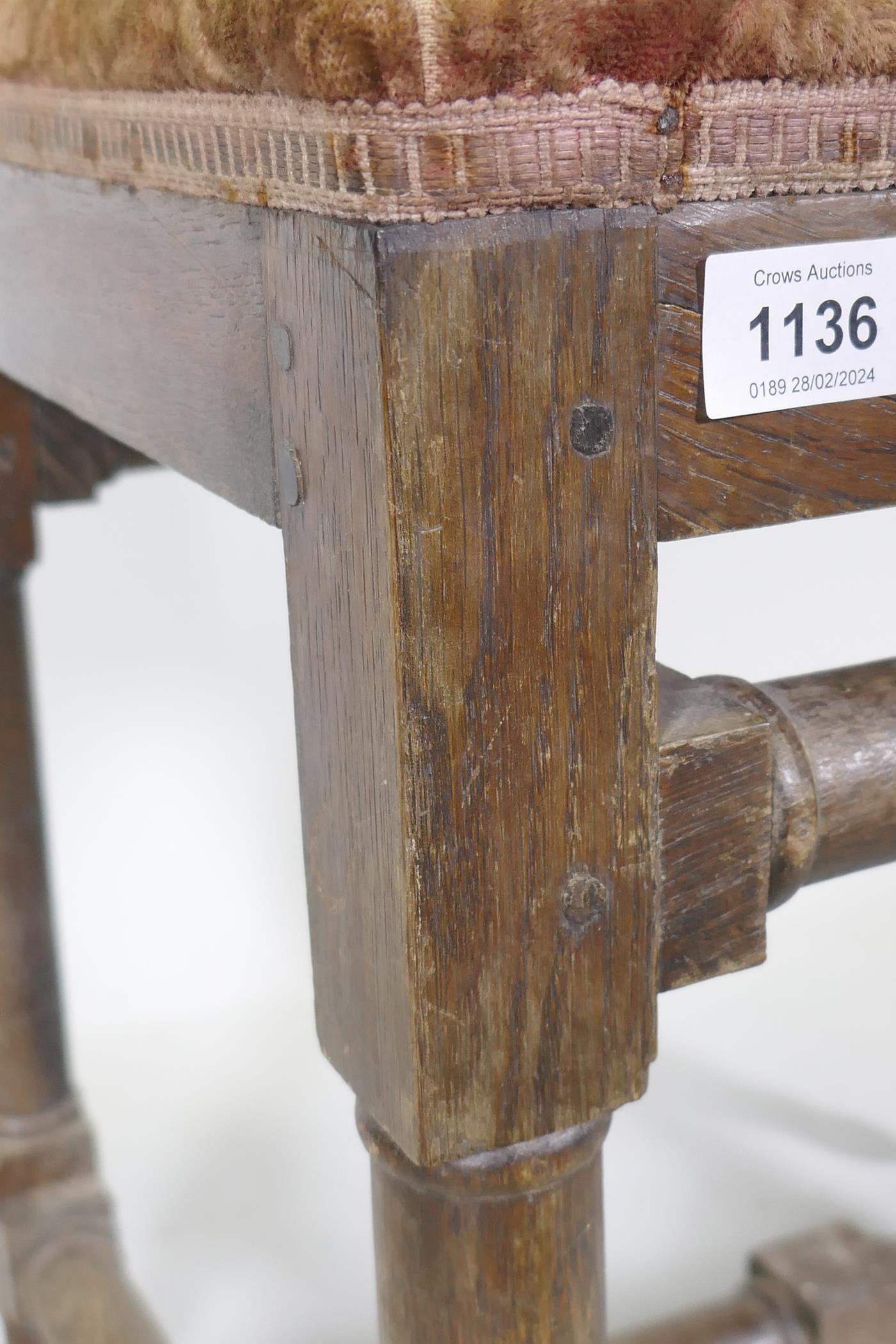 A good quality antique oak stool, raised on turned supports united by stretchers and pegged - Image 3 of 5