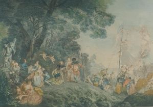 After Jean-Antoine Watteau, (French 1684-1721), The Embarkation for Cythera, C19th colour etching by