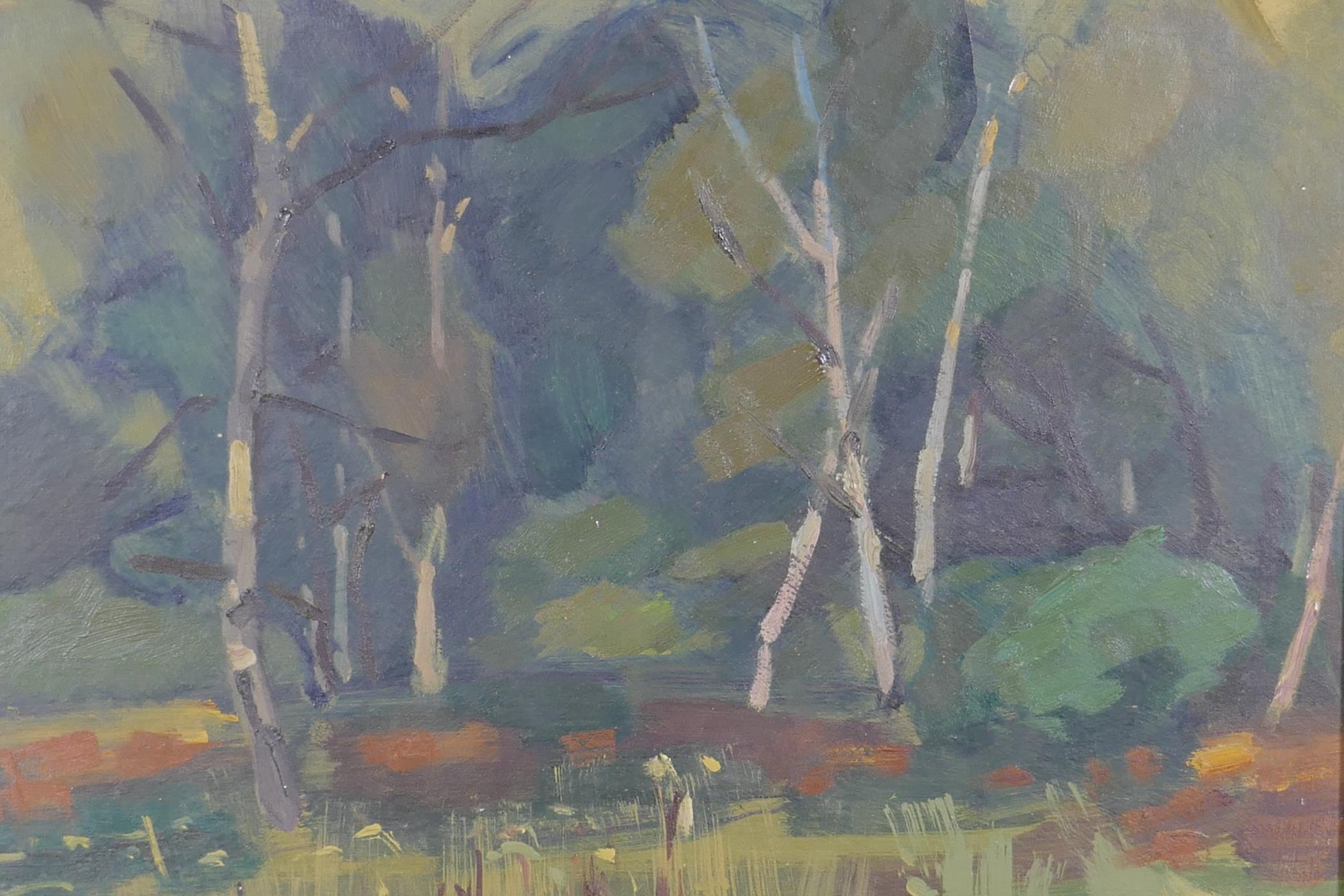 Bill Sly, Silver Birches, Bushy Park, labelled verso and painted with an industrial landscape, canal - Image 2 of 6