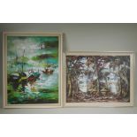 Village in a forest, a Ugandan scene, oil on board, and another of moored boats, oil on canvas, both