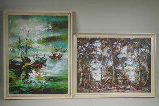 Village in a forest, a Ugandan scene, oil on board, and another of moored boats, oil on canvas, both