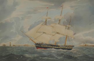 After William John Huggins, (British 1781-1845), H.M.S. Winchester, hand coloured engraving by