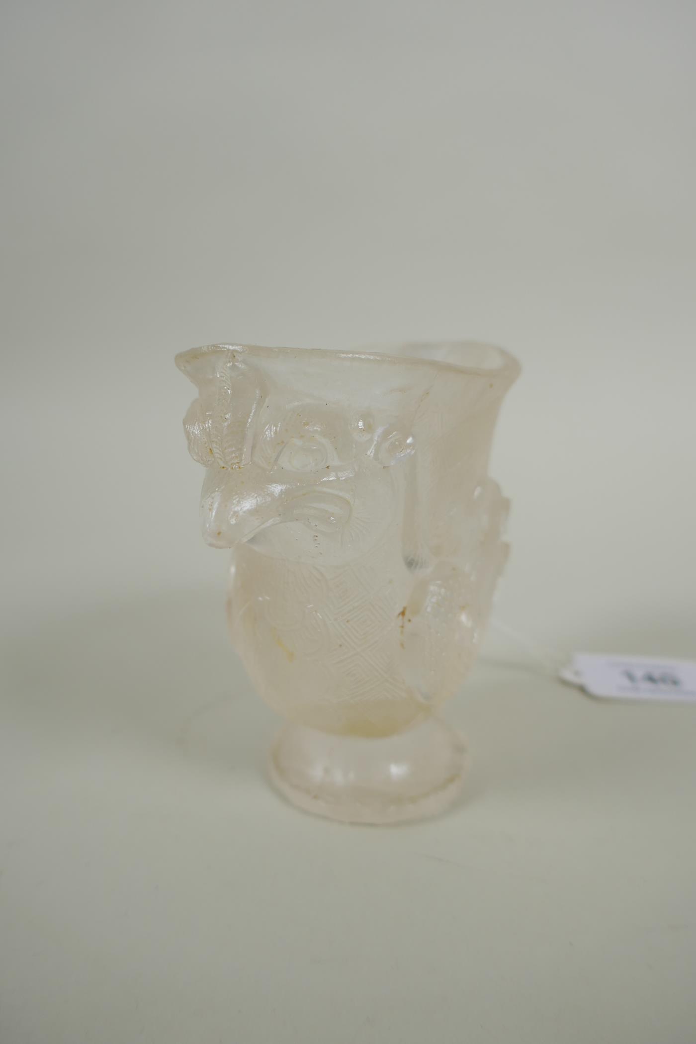 A Chinese moulded glass libation cup in the form of a phoenix, 10cm high - Image 2 of 2