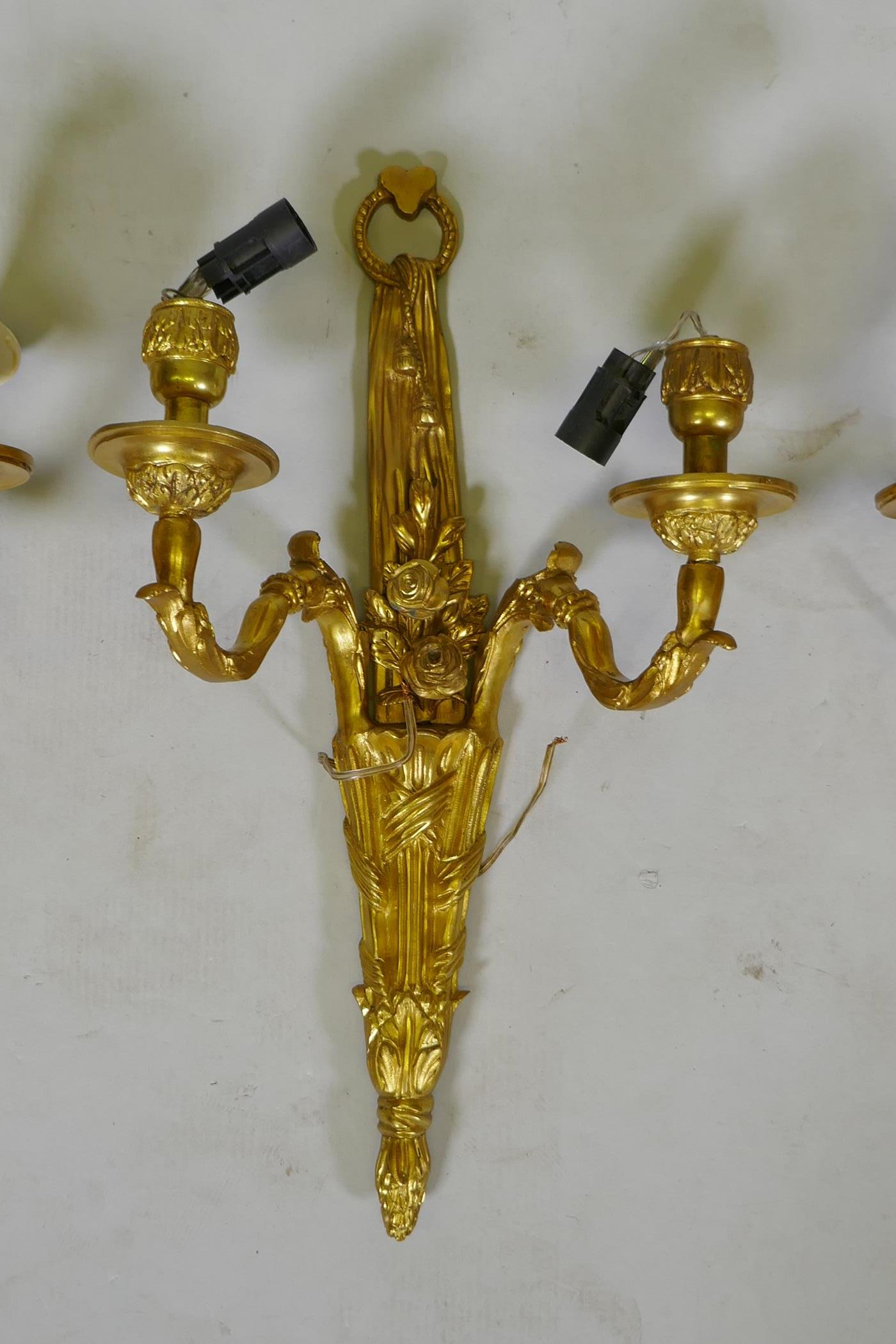 Four ormolu Louis XVI style two branch wall sconces, 44cm high - Image 3 of 5