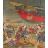 A Japanese Meiji period painting on silk depicting a Shimazu clan battle on the water, 31 x 35cm