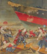 A Japanese Meiji period painting on silk depicting a Shimazu clan battle on the water, 31 x 35cm